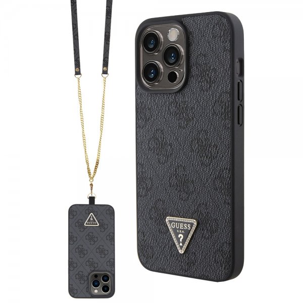 Guess iPhone 15 Pro Max Deksel Metal Logo Strass Crossbody Strap Svart