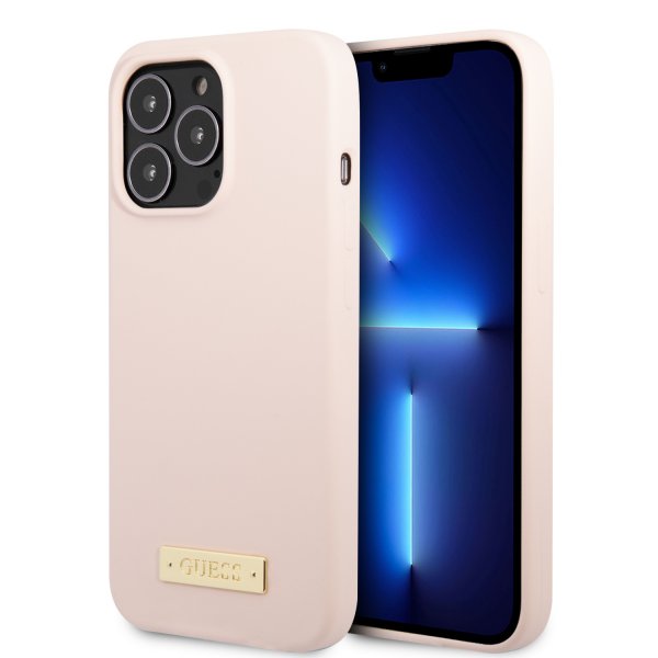 Guess iPhone 13 Pro Deksel Silicone Metal Plate MagSafe Rosa