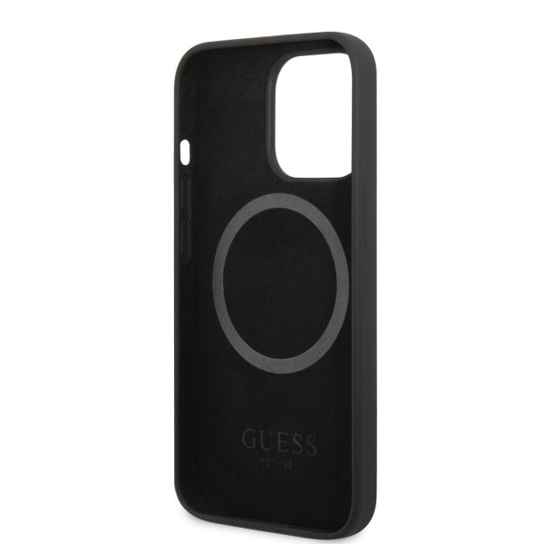 Guess iPhone 13 Pro Max Deksel Silicone Metal Plate MagSafe Svart