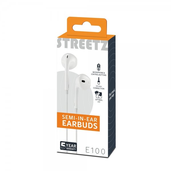 Streetz Hodetelefoner E100 Semi-In-Ear Earbuds 3.5mm Hvit