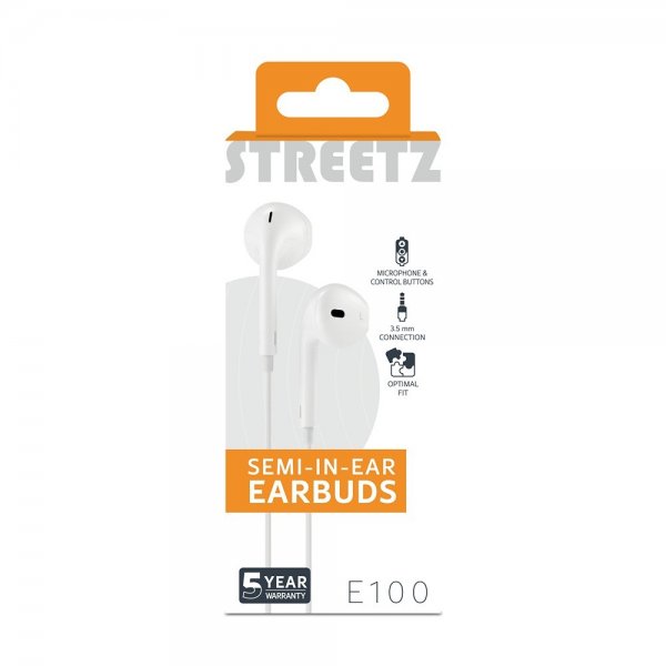 Streetz Hodetelefoner E100 Semi-In-Ear Earbuds 3.5mm Hvit
