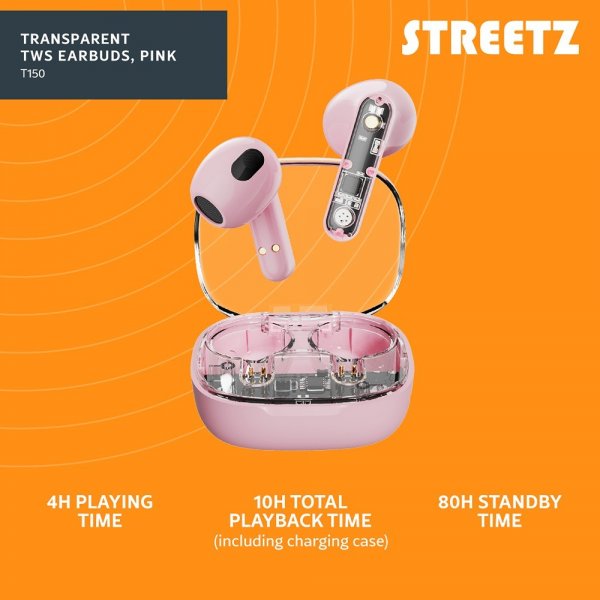 Streetz Hodetelefoner T150 Transparent True Wireless Earbuds Rosa