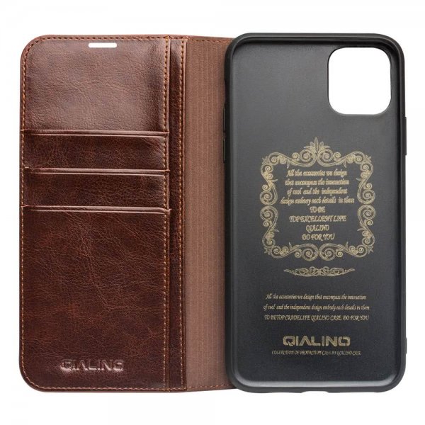 Qialino iPhone 11 Pro Max Etui Ekte Skinn Kortlomme Brun