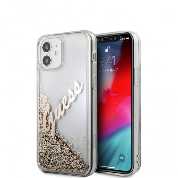 Guess iPhone 12 Mini Deksel Liquid Glitter Vintage Gull