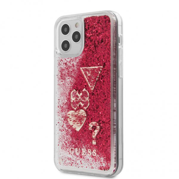 Guess iPhone 12 Pro Max Deksel Liquid Glitter Charms Raspberry