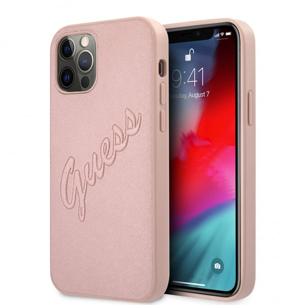 Guess iPhone 12 Pro Max Deksel Saffiano Vintage Script Rosegull