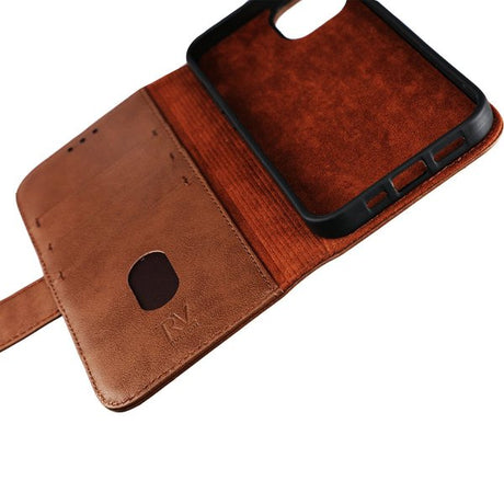 Rvelon iPhone 12/iPhone 12 Pro Etui Ekte skinn Kortlommer Brun