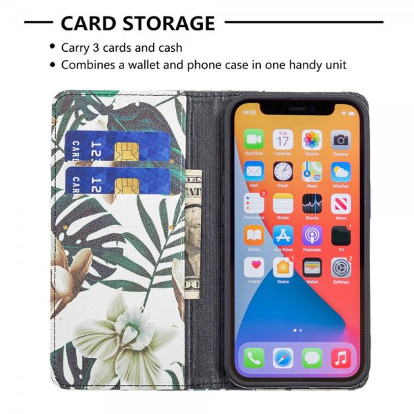 iPhone 13 Pro Etui Flip Motiv Blader Og Blomster