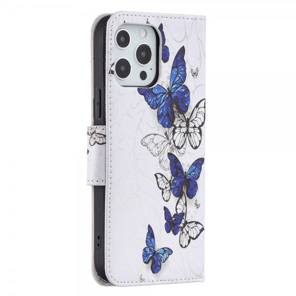 iPhone 13 Pro Etui Motiv Blå Og Hvite Sommerfugler