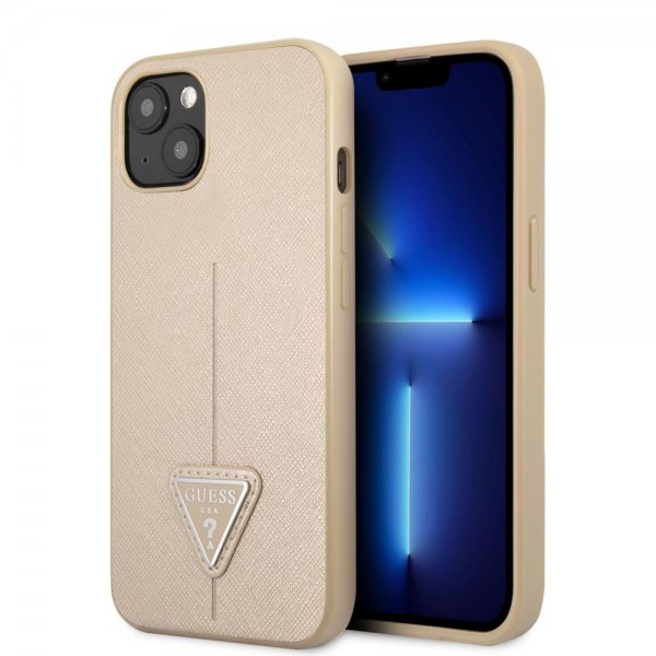 Guess iPhone 13 Mini Deksel Saffiano Metal Triangle Beige