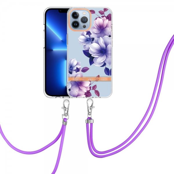 iPhone 13 Pro Max Deksel Blomstermønster Stropp Lilla Begonia
