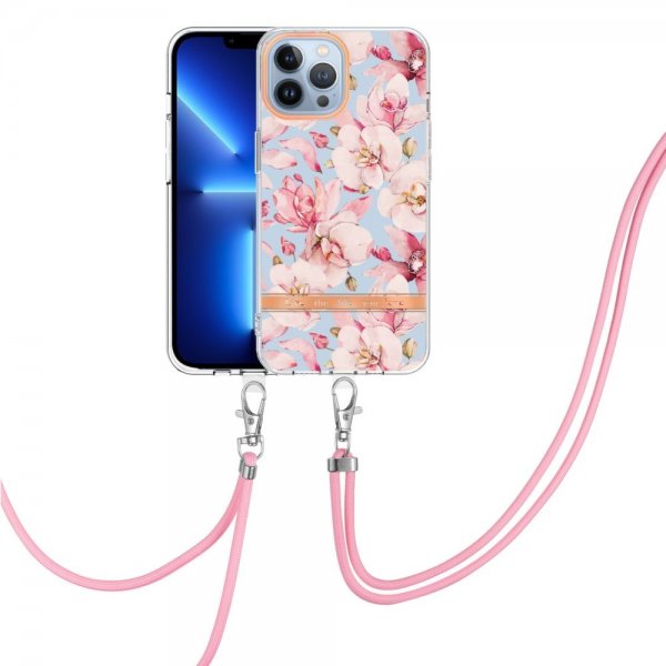 iPhone 13 Pro Max Deksel Blomstermønster Stropp Rosa Gardenia