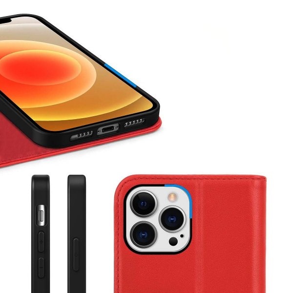 Rvelon iPhone 13 Pro Etui Ekte skinn Kortlommer Rød