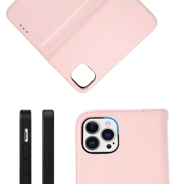 Rvelon iPhone 13 Pro Etui Ekte skinn Kortlommer Rosa