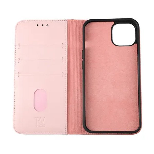 Rvelon iPhone 13 Pro Etui Ekte skinn Kortlommer Rosa