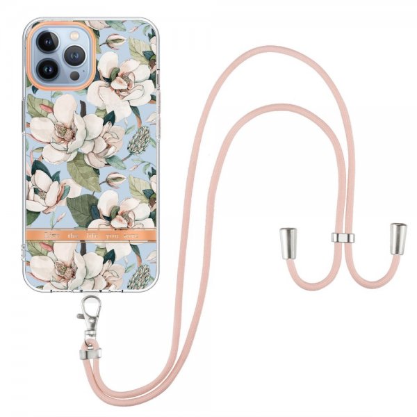 iPhone 13 Pro Deksel Blomstermønster Stropp Grønn Gardenia