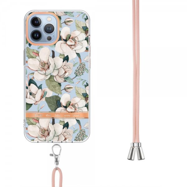 iPhone 13 Pro Deksel Blomstermønster Stropp Grønn Gardenia