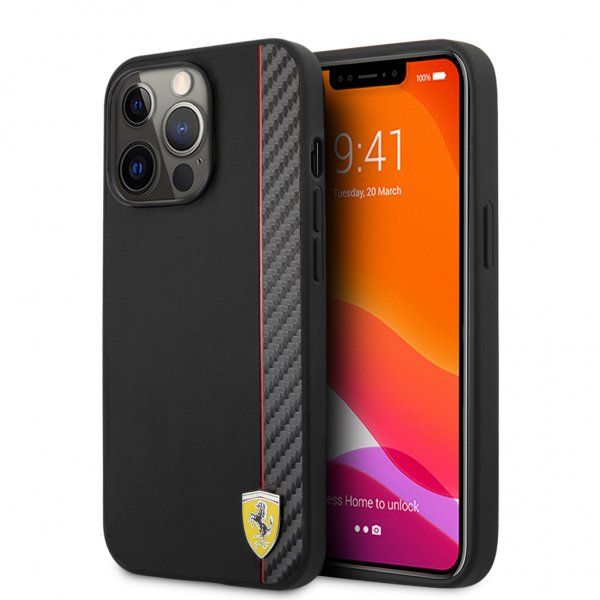 Ferrari iPhone 13 Pro Deksel Carbon Effect Metal Logo Vertical Stripe Svart
