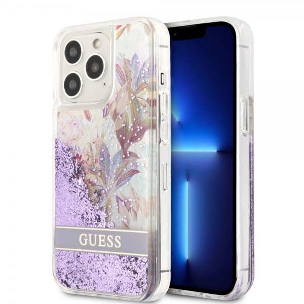 Guess iPhone 13 Pro Deksel Liquid Glitter Flower Pattern Lilla