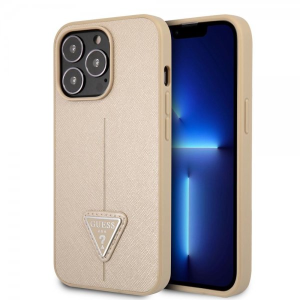 Guess iPhone 13 Pro Deksel Saffiano Metal Triangle Beige