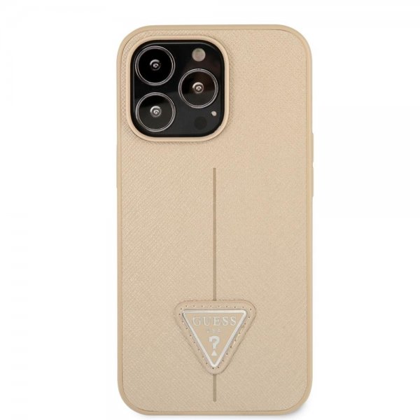 Guess iPhone 13 Pro Deksel Saffiano Metal Triangle Beige
