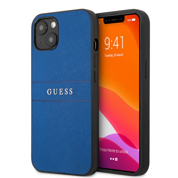 Guess iPhone 13 Deksel Hot Stamp Metal Logo Blå