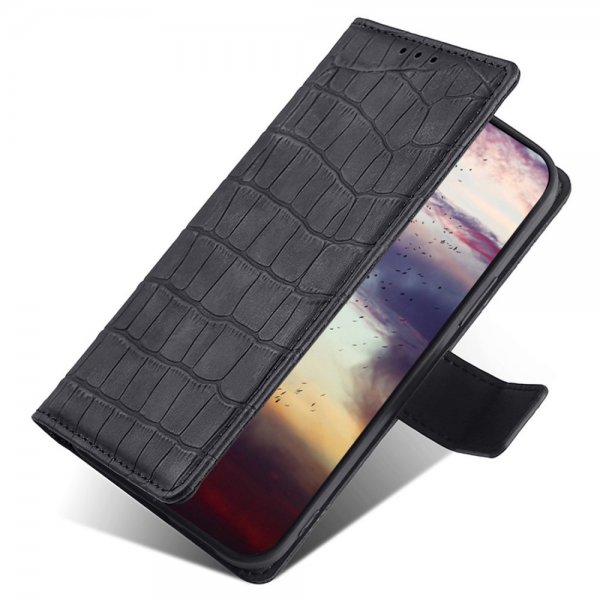 iPhone 14 Plus Etui Krokodillemønster Svart