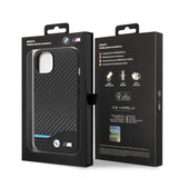 BMW iPhone 14 Plus Deksel Carbon Effect Printed Logo Svart