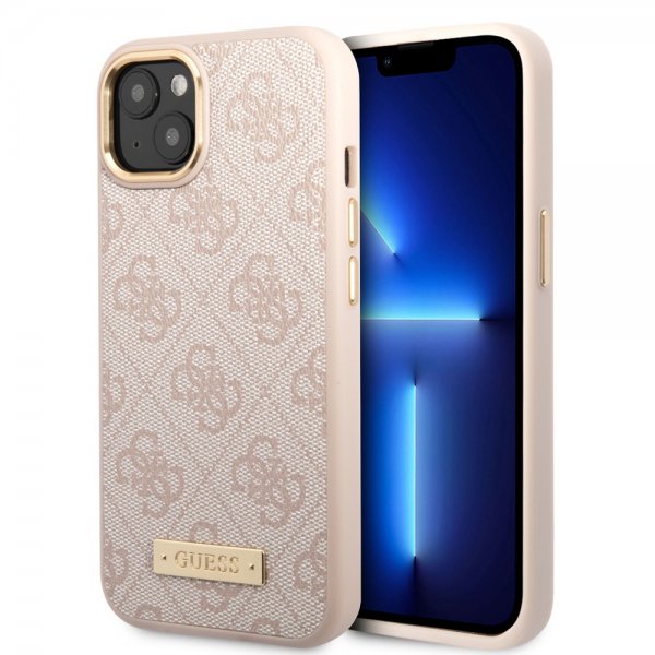 Guess iPhone 14 Plus Deksel Metal Plate Logo MagSafe Rosa