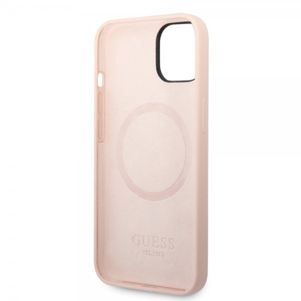 Guess iPhone 14 Plus Deksel Silicone Metal Plate MagSafe Rosa
