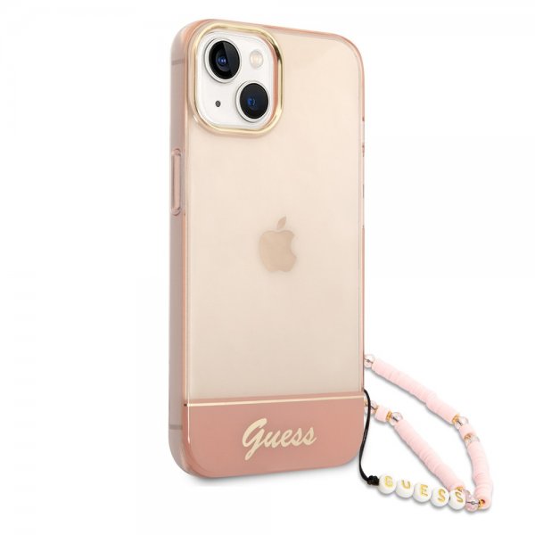 Guess iPhone 14 Plus Deksel Translucent with Strap Rosa
