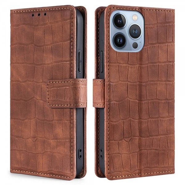 iPhone 14 Pro Etui Krokodillemønster Brun