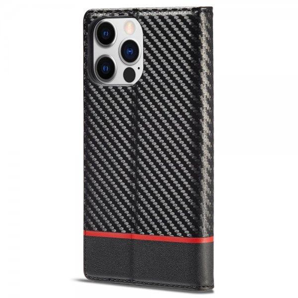 Lc.Imeeke iPhone 14 Pro Max Etui Karbonfibertekstur Rød Stripe Horizontal