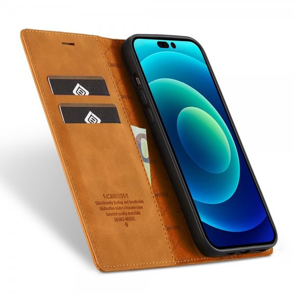 Lc.Imeeke iPhone 14 Pro Max Etui med Kortlomme flipp Brun