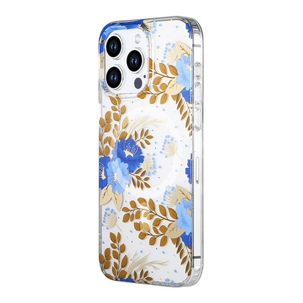 iPhone 14 Pro Max Deksel Blomstermønster MagSafe Blå Gull