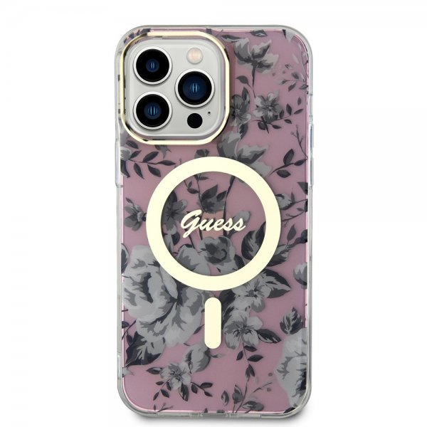 Guess iPhone 14 Pro Max Deksel Flower MagSafe Rosa