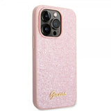 Guess iPhone 14 Pro Max Deksel Glitter Flakes Metal Logo Rosa