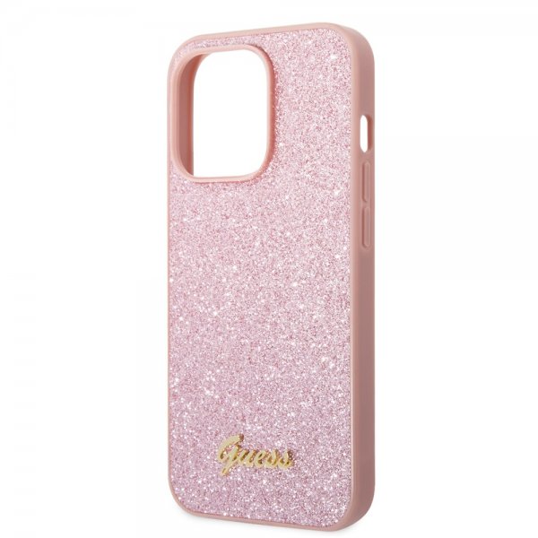 Guess iPhone 14 Pro Max Deksel Glitter Flakes Metal Logo Rosa