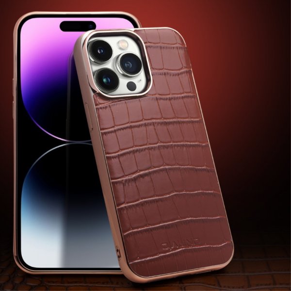 Qialino iPhone 14 Pro Max Deksel Krokodillemønster MagSafe Brun
