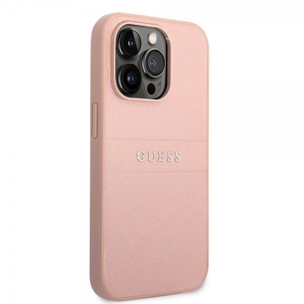Guess iPhone 14 Pro Max Deksel Saffiano Metal Logo Stripes Rosa