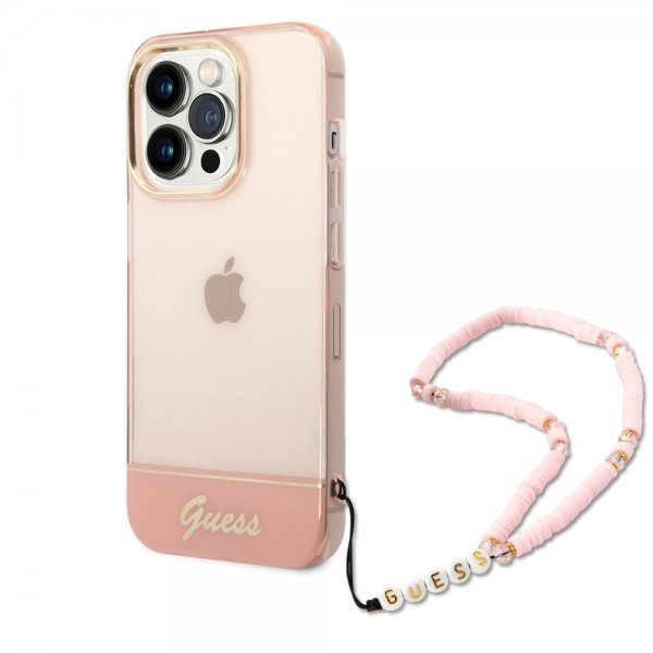 Guess iPhone 14 Pro Max Deksel Translucent with Strap Rosa