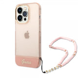 Guess iPhone 14 Pro Max Deksel Translucent with Strap Rosa