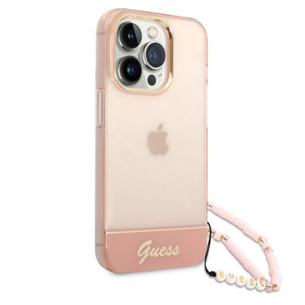 Guess iPhone 14 Pro Max Deksel Translucent with Strap Rosa