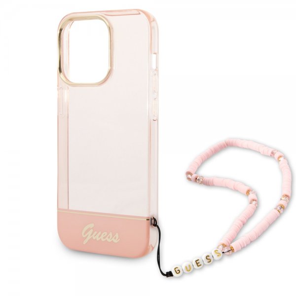 Guess iPhone 14 Pro Max Deksel Translucent with Strap Rosa