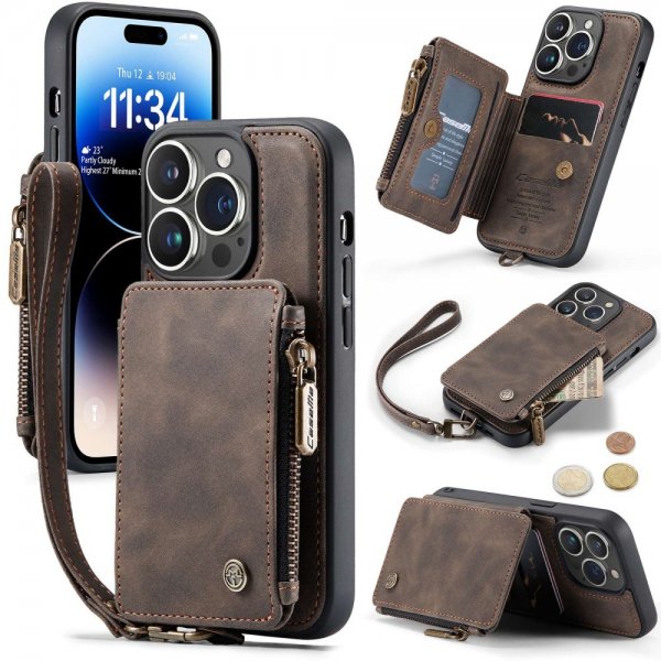 CaseMe iPhone 14 Pro Deksel C20 Kortlomme Glidelås Brun