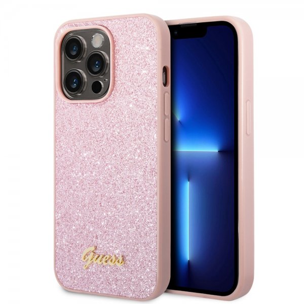 Guess iPhone 14 Pro Deksel Glitter Flakes Metal Logo Rosa