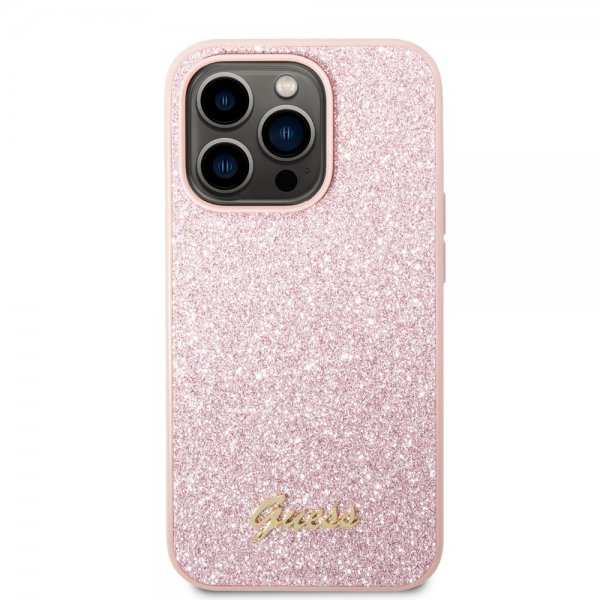 Guess iPhone 14 Pro Deksel Glitter Flakes Metal Logo Rosa