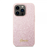 Guess iPhone 14 Pro Deksel Glitter Flakes Metal Logo Rosa