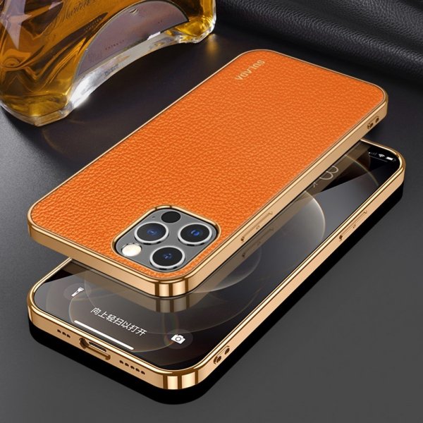 Sulada iPhone 14 Pro Deksel Litchimønster Belagt Kant Oransje