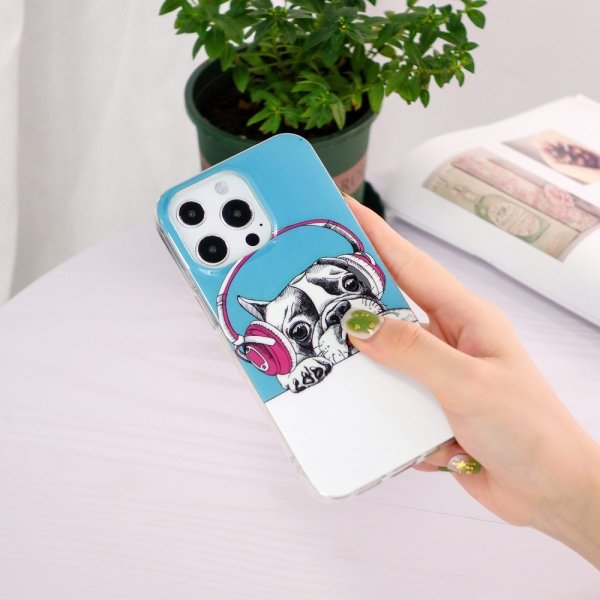 iPhone 14 Pro Deksel Motiv Hund med Hodetelefoner